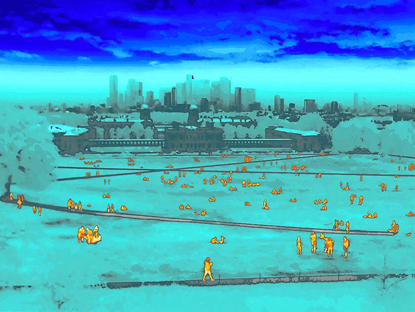 London - June 26, 2020: We find ourselves unexpectedly living in an age when body temperature has assumed a new set of implications: we’re all potential carriers and spreaders of Covid-19. As part of a conceptual series of images shot on assignment, I used a thermal camera to examine what daily life currently looks like with restrictions placed on ordinary events and new routines becoming our everyday. Here, Londoners relax while social distancing during the Covid-19 pandemic in Greenwich Park, south London, with the National Maritime Museum and towers of Canary Wharf on the city skyline.